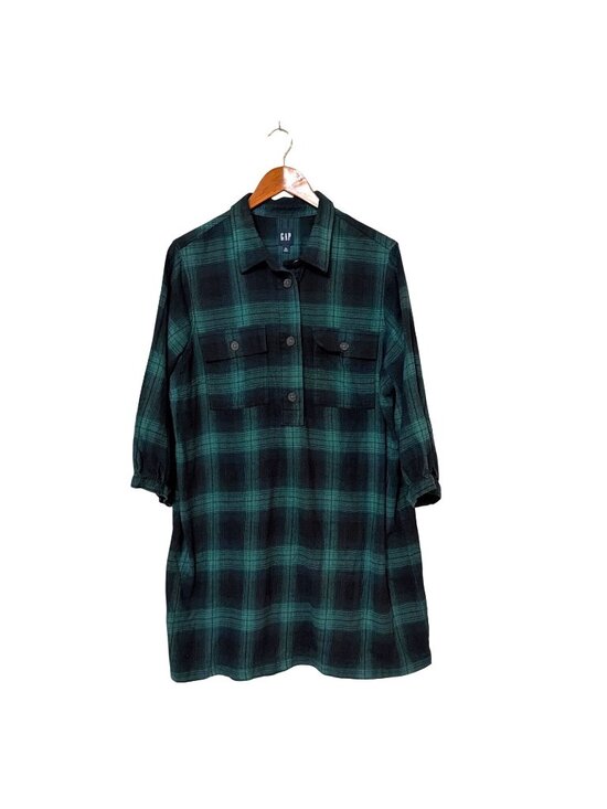 GAP Dresses & Skirts - Gap Womens Green Plaid Button-Up Shirt Dress Cotton Size XL Flannel Holiday